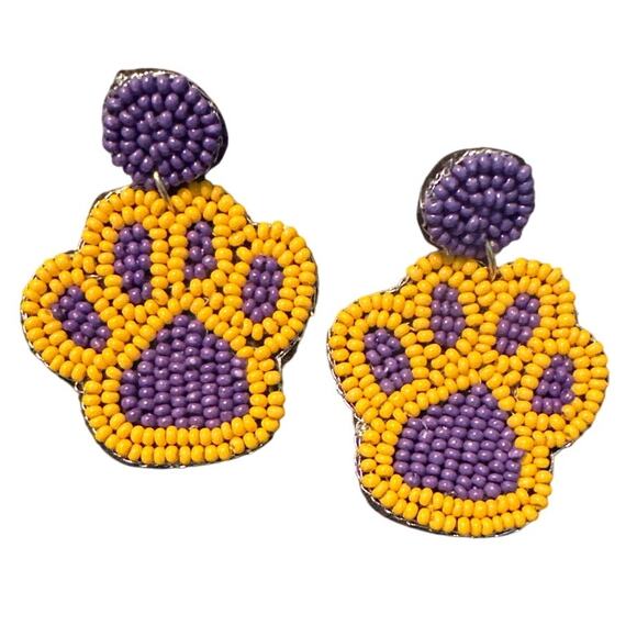 Purple & Gold Beaded Paw Print Earrings/Geaux Tigers/LSU Earrings/Gift for Her - Picture 1 of 3